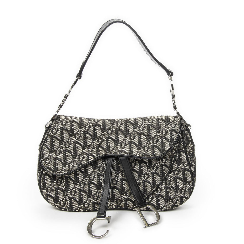 Dior Double Saddle Bag Black Beige Trotter Pattern Canvas