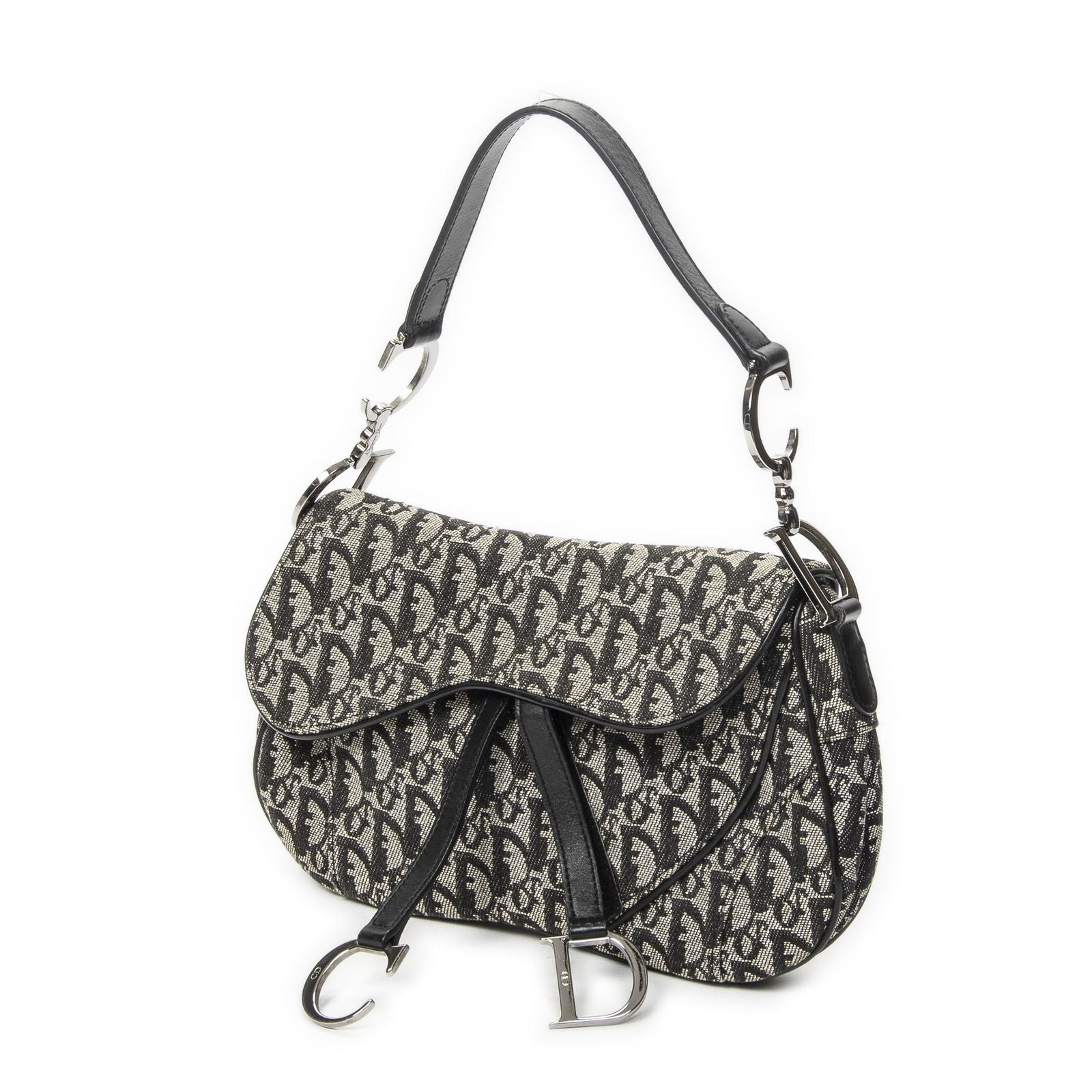Dior Double Saddle Bag Black Beige Trotter Pattern Canvas — view 2