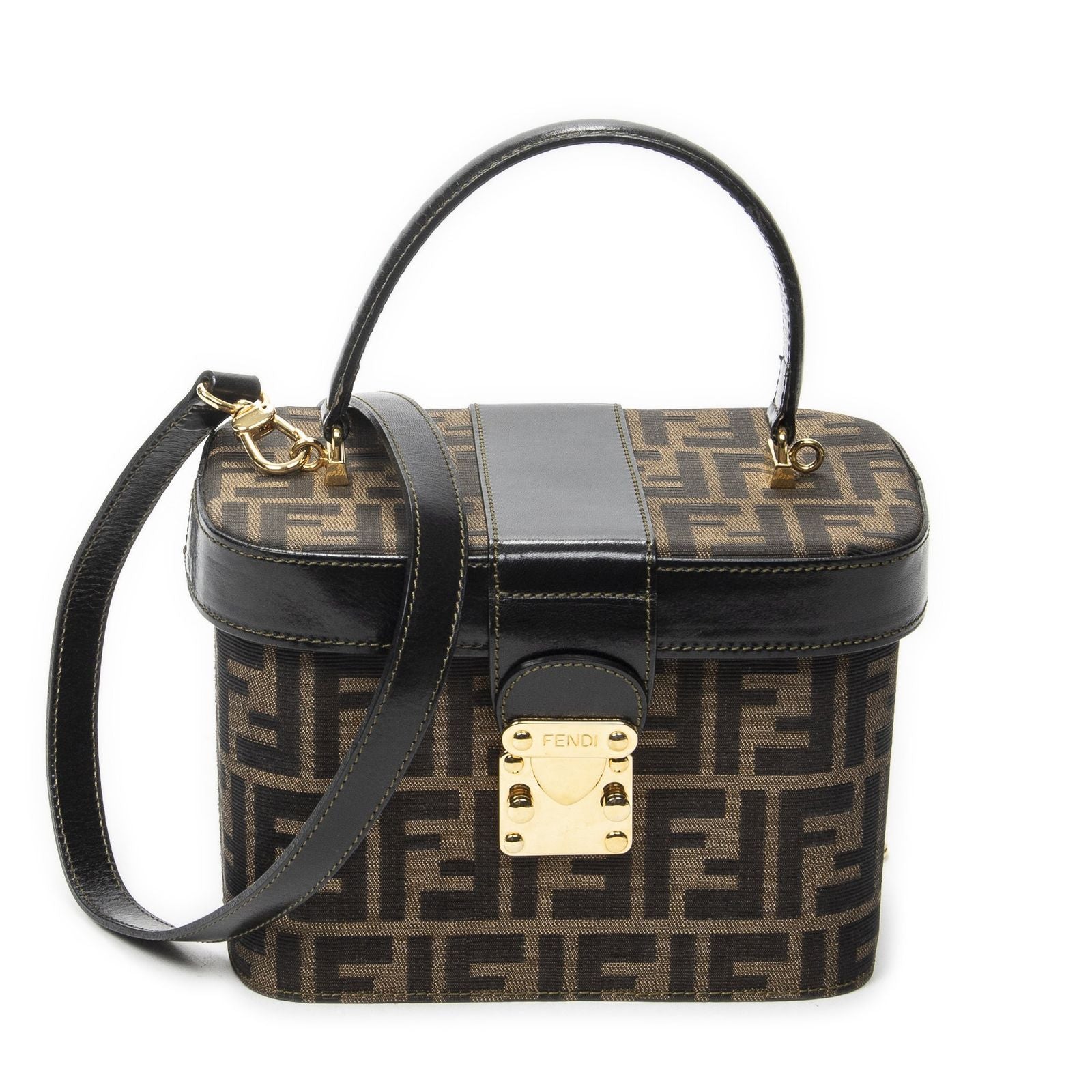 Fendi Trendy Top Handle Vanity Case Brown Black Zucca Canvas