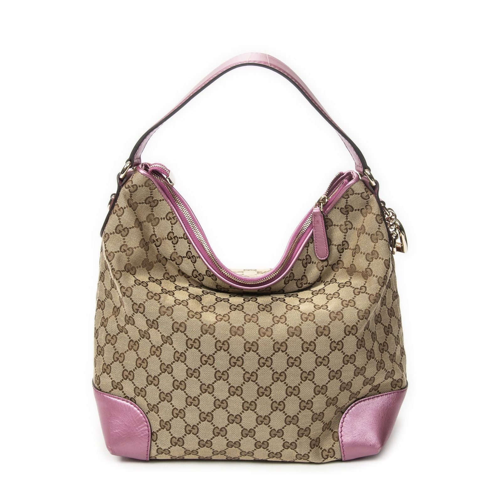 Gucci Medium Heart Bit Charm Hobo Beige Pink GG Canvas — view 5