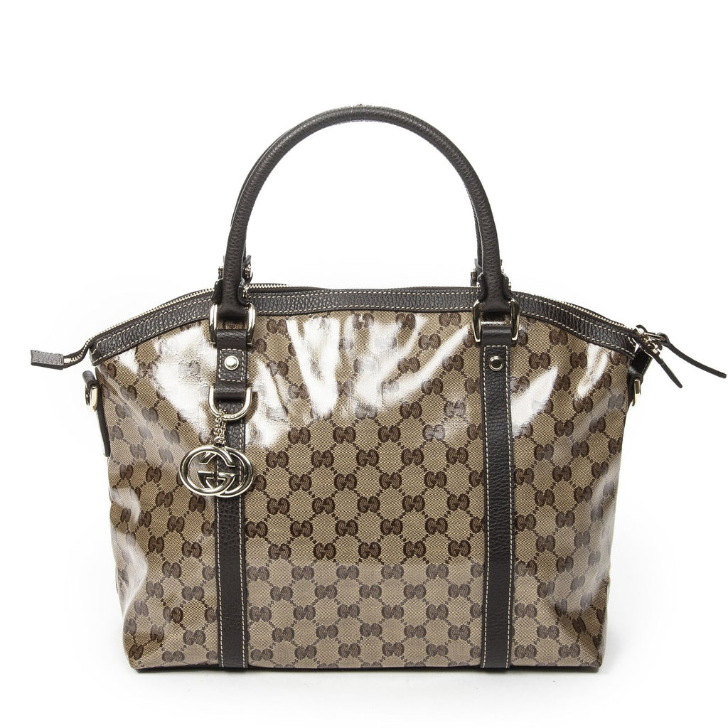 Gucci GG Charm Top Handle Beige Brown Crystal Canvas