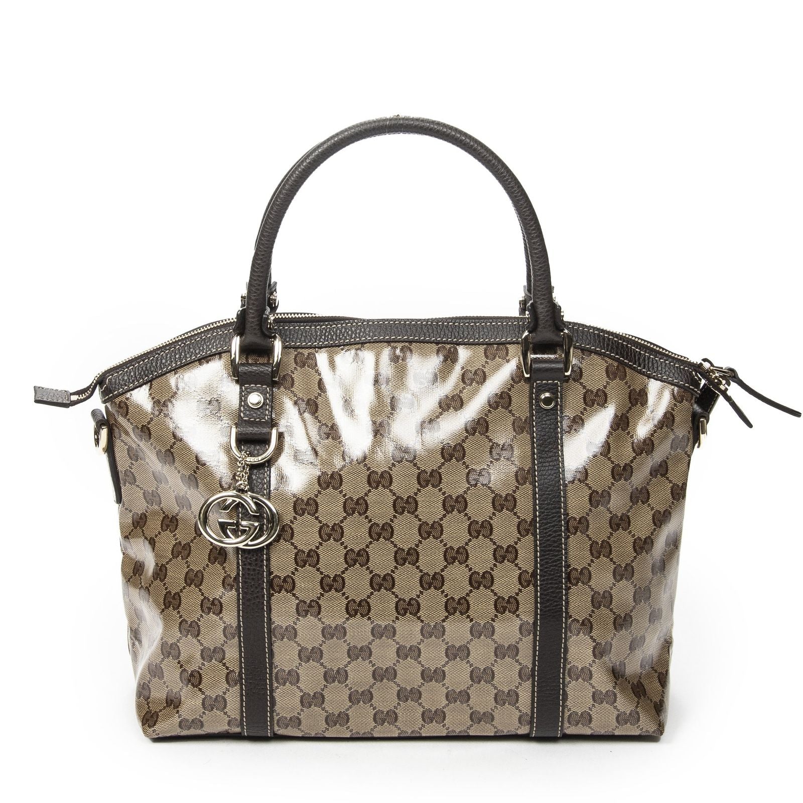 Gucci GG Charm Top Handle Beige Brown Crystal Canvas