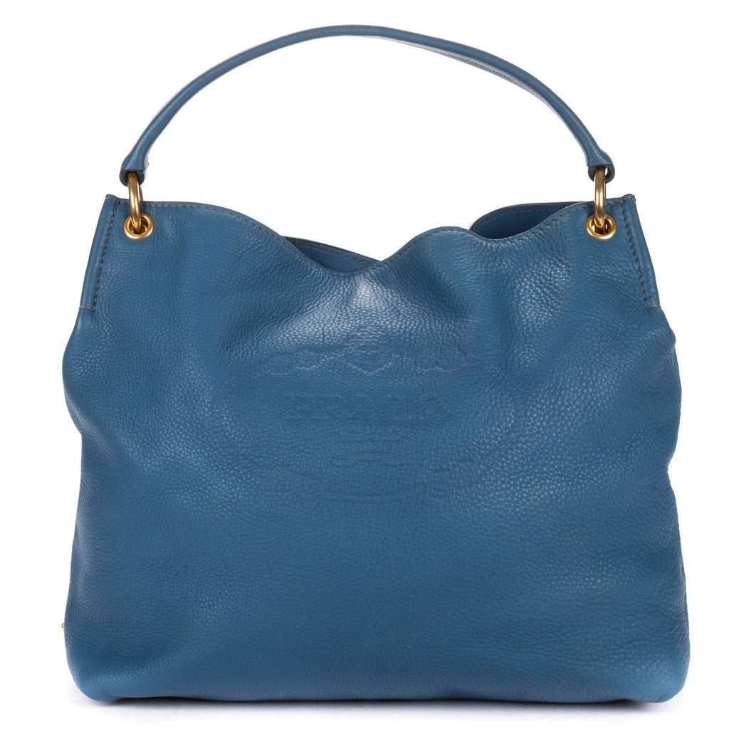 Prada Large Hobo Top Handle Blue Vitello Daino