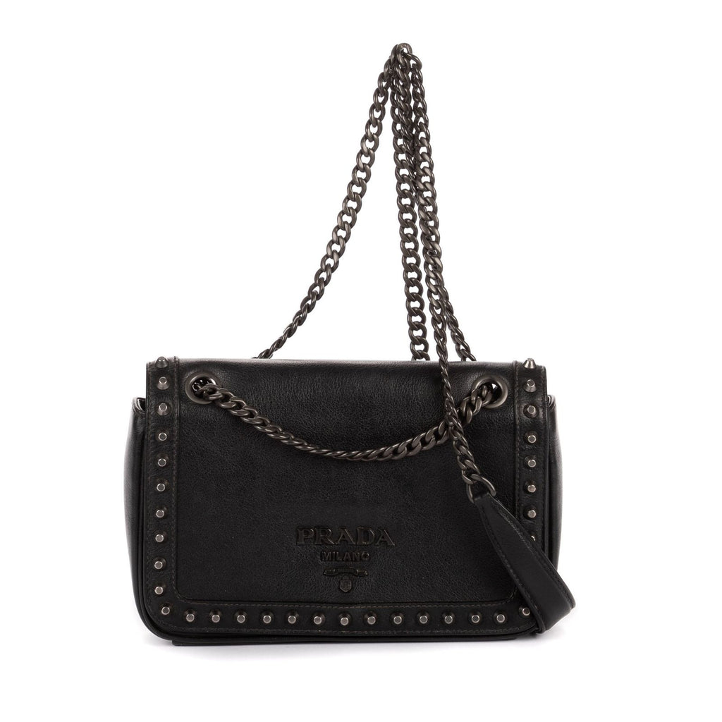 Prada Studded Flap Crossbody Black Leather