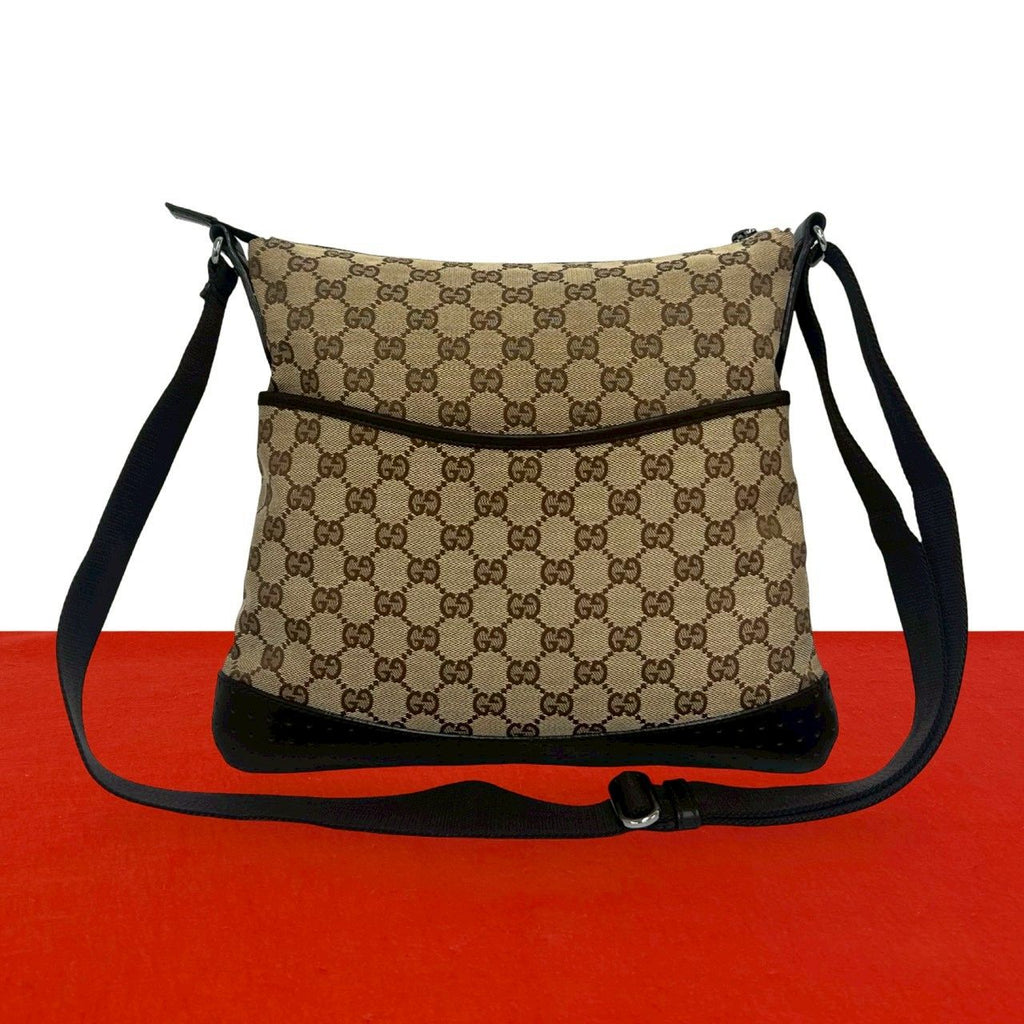Gucci GG Monogram Canvas Perforated Leather Shoulder Bag Crossbody Brown Beige