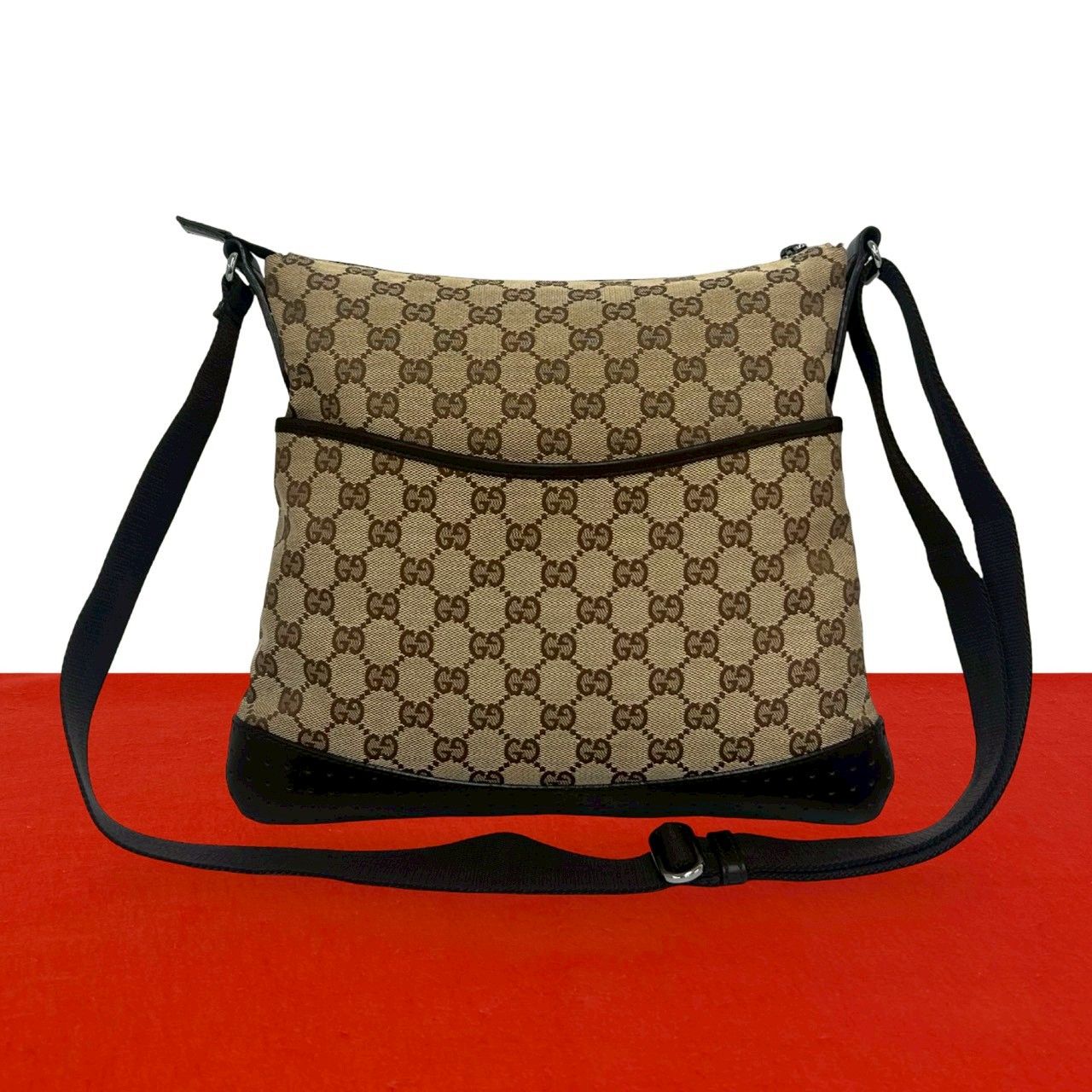 Gucci GG Monogram Canvas Perforated Leather Shoulder Bag Crossbody Brown Beige