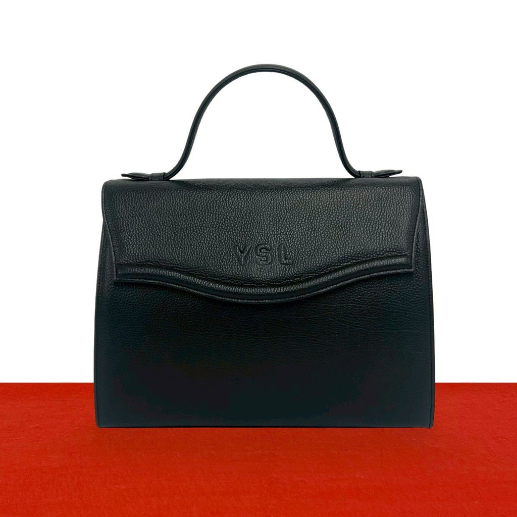 Saint Laurent YSL Logo Embossed Leather Handbag Mini Tote Black
