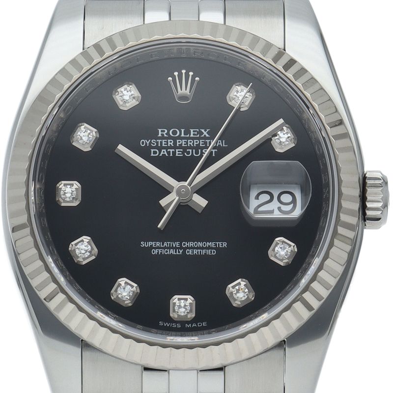 Rolex Datejust 36 Watch Diamond 18k White Gold SS Black