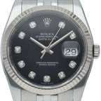 Rolex Datejust 36 Watch Diamond 18k White Gold SS Black