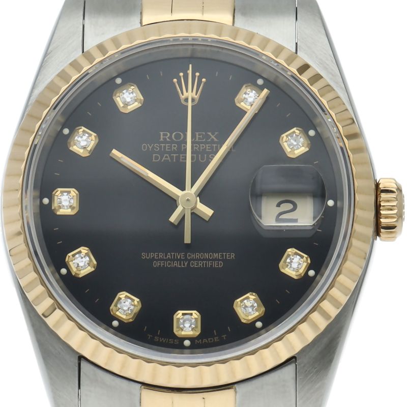 Rolex Datejust Watch Diamond 18k Yellow Gold SS Black Polished 19