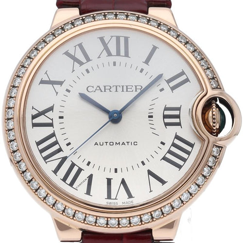 Cartier Ballon Blue de Watch 36 Diamond Bezel 18k Pink Gold Leather