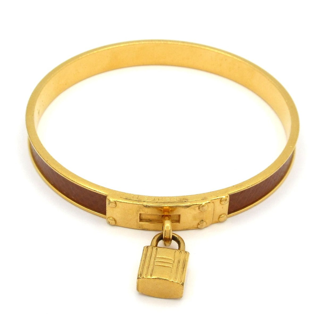 Hermes Bangle Kelly Leather Gold Brown Bracelet