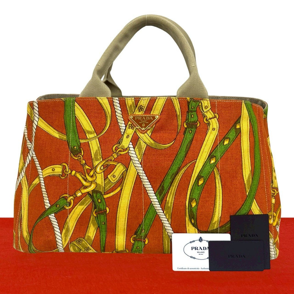 Prada Canapa Triangle Logo Plate Canvas Tote Orange Beige