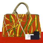 Prada Canapa Triangle Logo Plate Canvas Tote Orange Beige