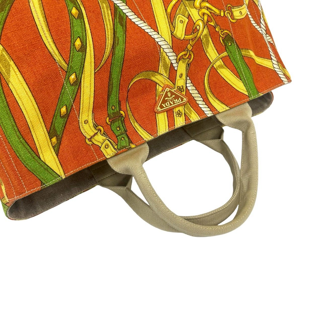 Prada Canapa Triangle Logo Plate Canvas Tote Orange Beige — view 4