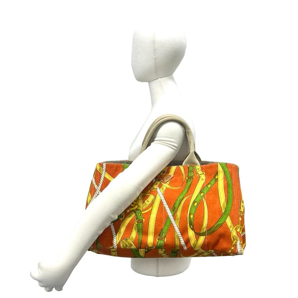 Prada Canapa Triangle Logo Plate Canvas Tote Orange Beige — view 2