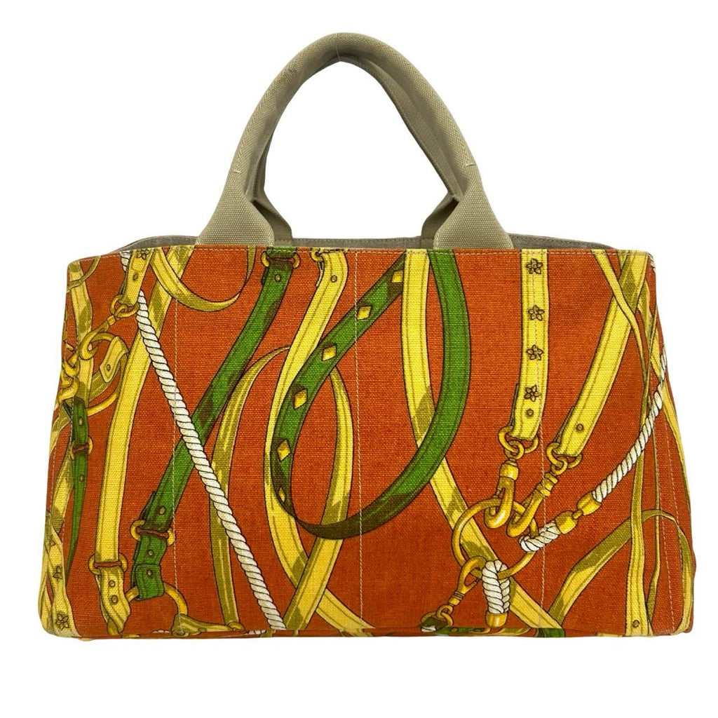 Prada Canapa Triangle Logo Plate Canvas Tote Orange Beige — view 3