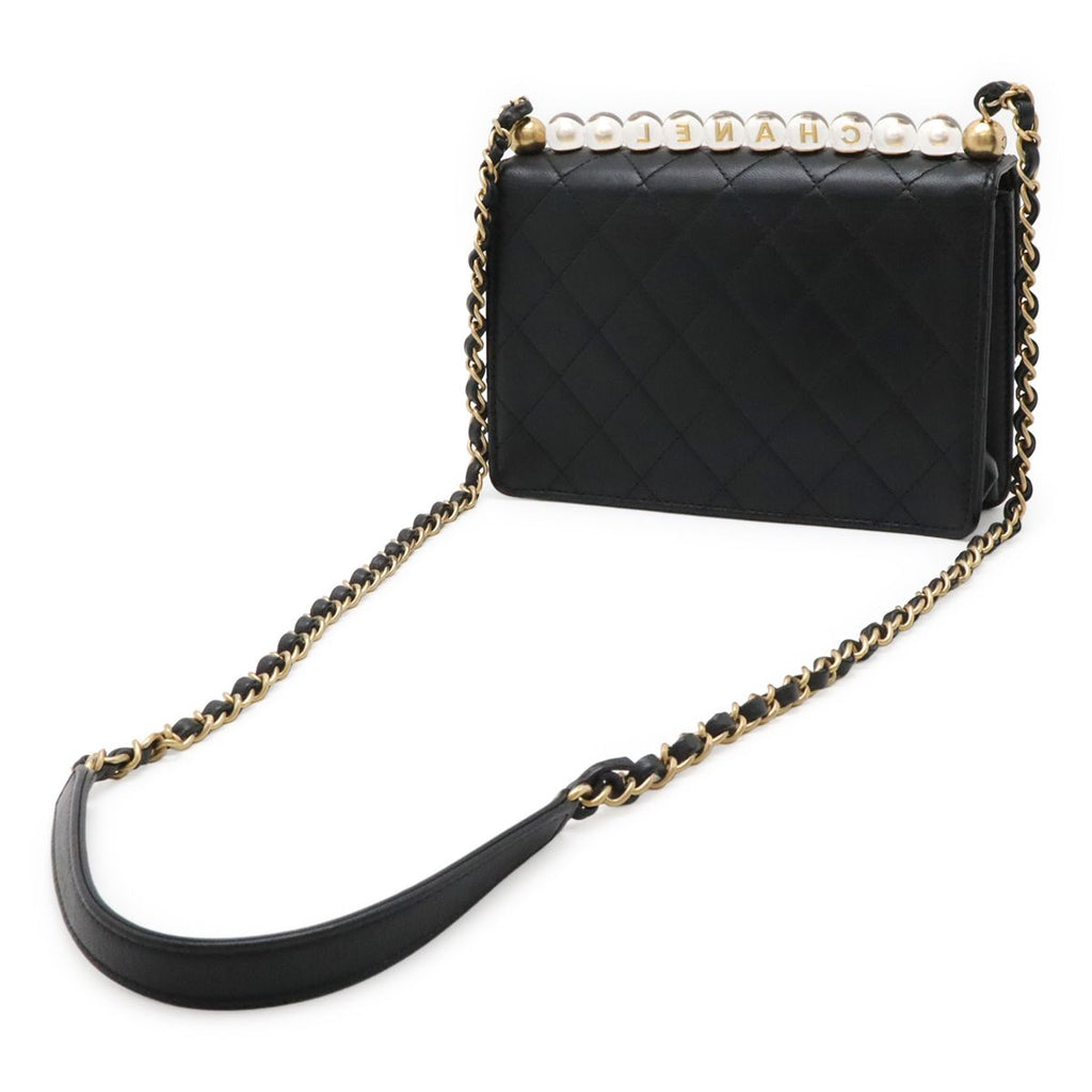 Chanel Quilted CC Logo Clear Pearl Chain Shoulder Bag Flap Goatskin Black Gold — view 2
