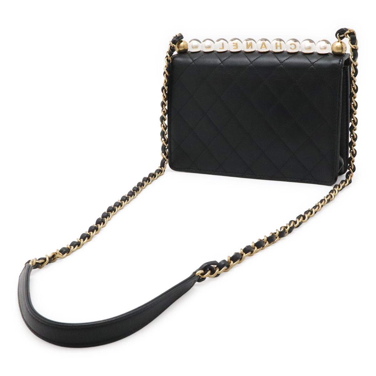 Chanel Quilted CC Logo Clear Pearl Chain Shoulder Bag Flap Goatskin Black Gold — view 2