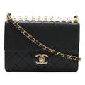 Chanel Quilted CC Logo Clear Pearl Chain Shoulder Bag Flap Goatskin Black Gold