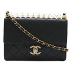 Chanel Quilted CC Logo Clear Pearl Chain Shoulder Bag Flap Goatskin Black Gold