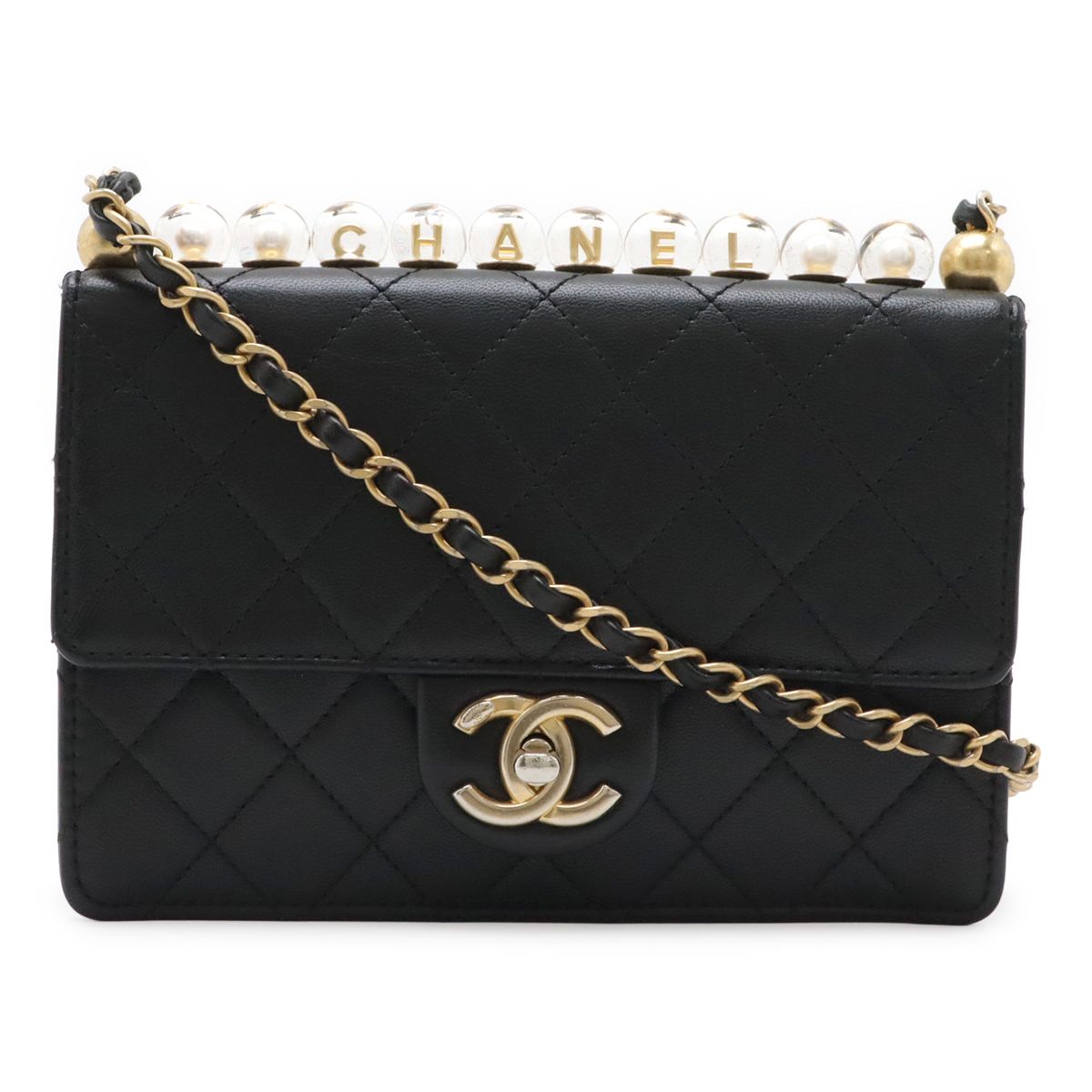 Chanel Quilted CC Logo Clear Pearl Chain Shoulder Bag Flap Goatskin Black Gold