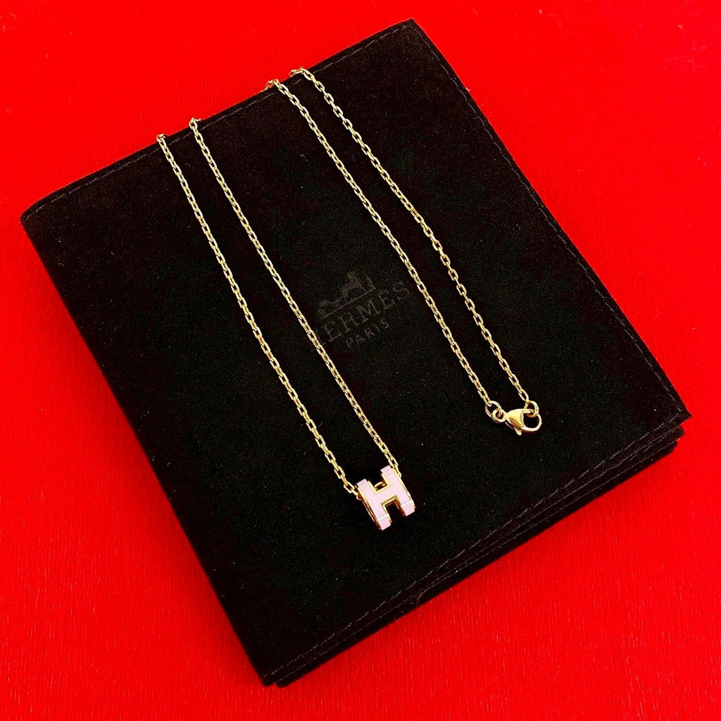 Hermes Mini Pop Necklace Logo Motif Pendant Choker Gold Pink