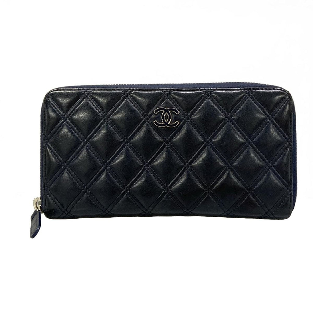 Chanel Wallet Bicolor Black Navy Silver CC Logo Zip Around Lambskin