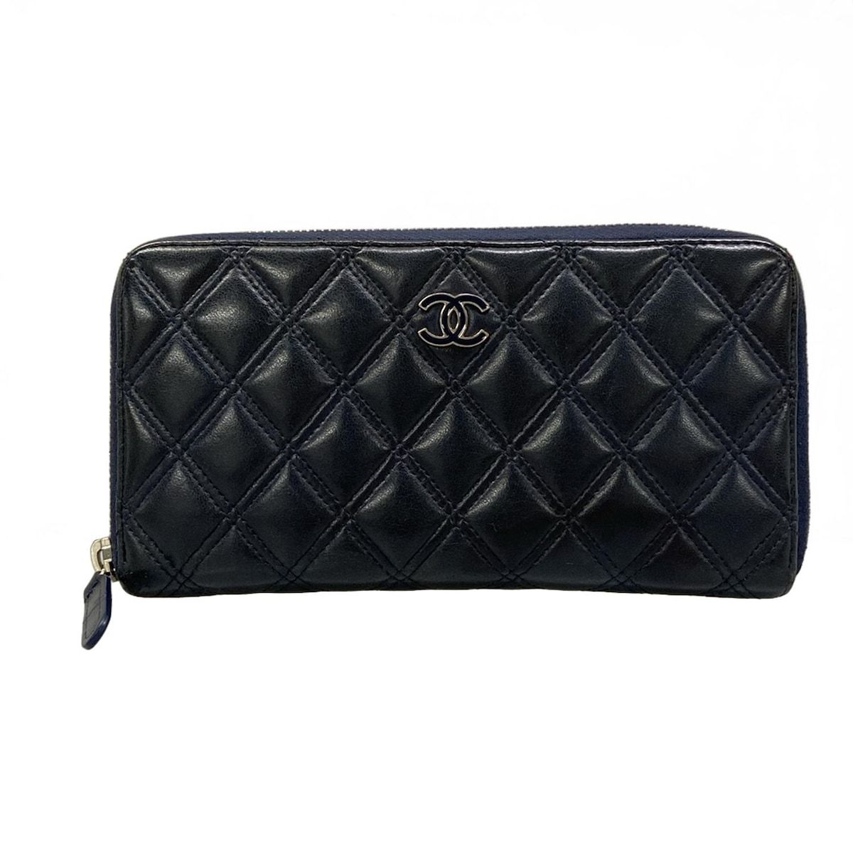 Chanel Wallet Bicolor Black Navy Silver CC Logo Zip Around Lambskin