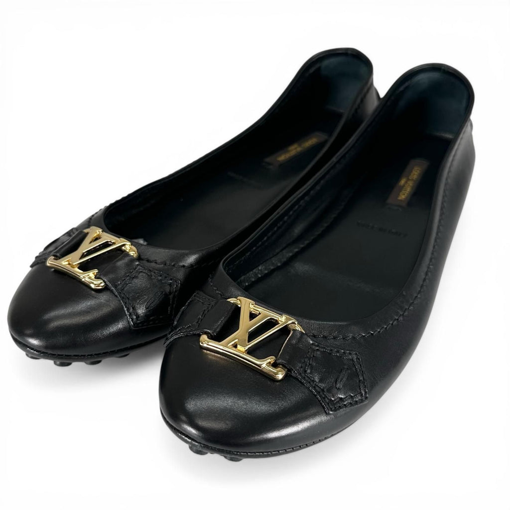 Louis Vuitton LV Logo Leather Flat Shoes Ballet Black Gold