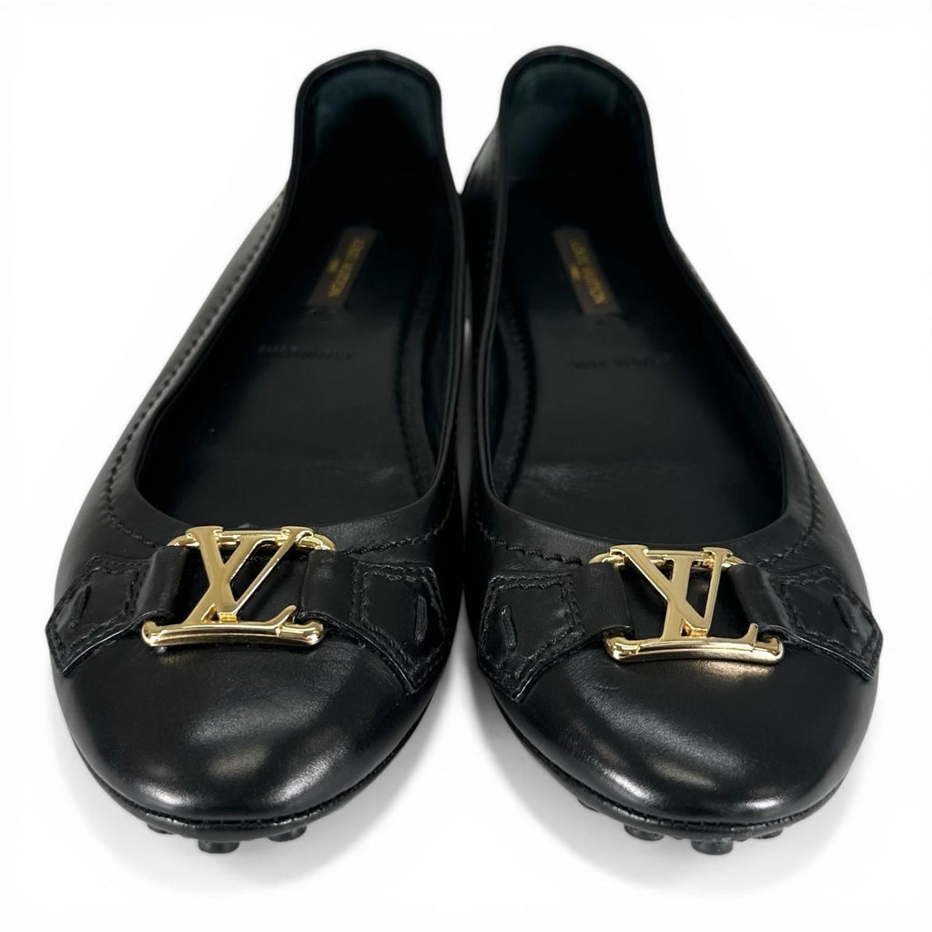 Louis Vuitton LV Logo Leather Flat Shoes Ballet Black Gold — view 3