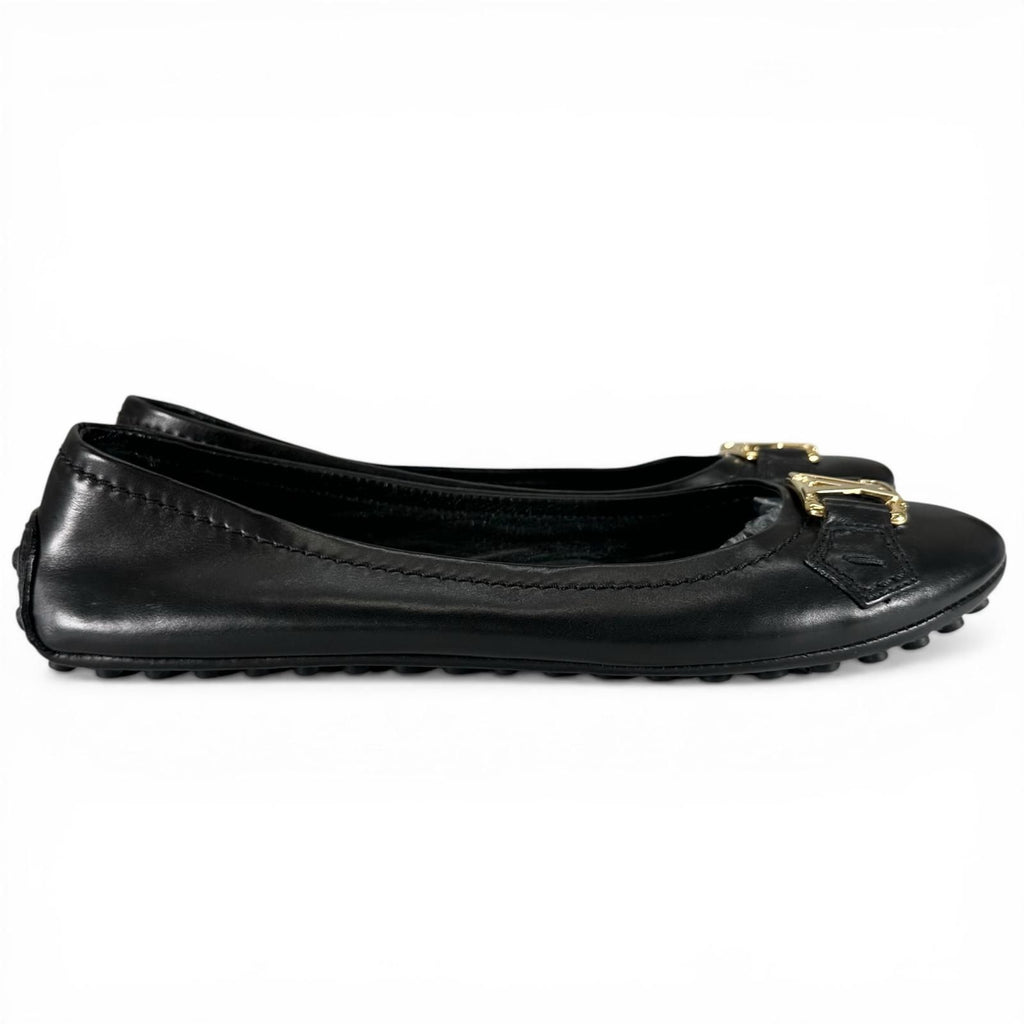 Louis Vuitton LV Logo Leather Flat Shoes Ballet Black Gold — view 5