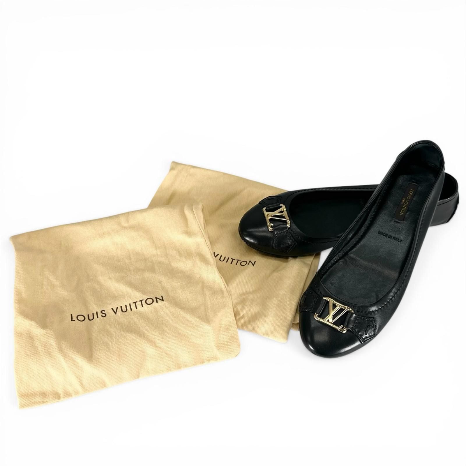 Louis Vuitton LV Logo Leather Flat Shoes Ballet Black Gold — view 2