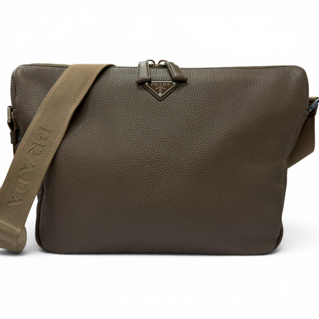 Prada Vitello Daino Leather Triangle Logo Crossbody Shoulder Bag Gray