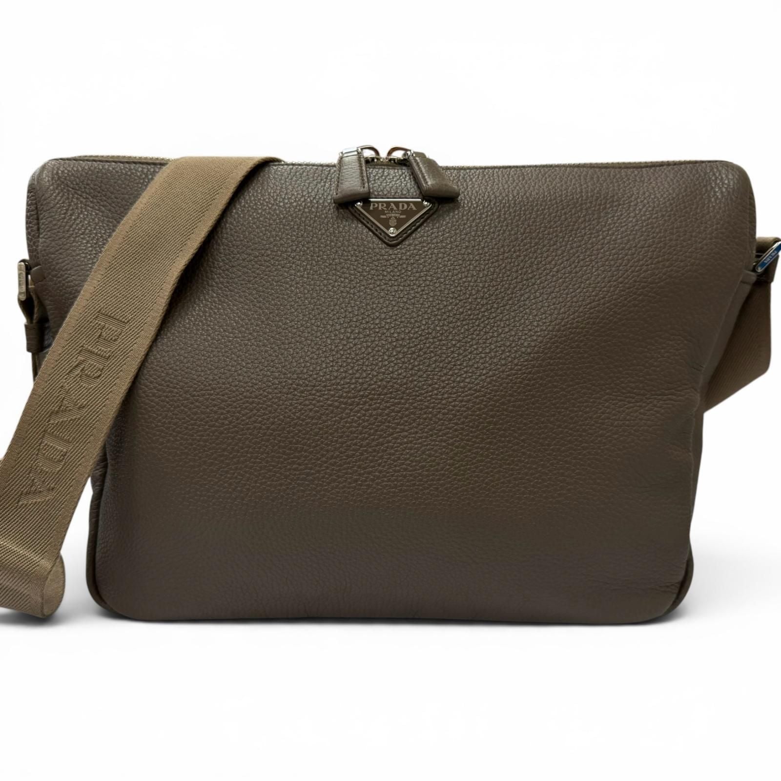 Prada Vitello Daino Leather Triangle Logo Crossbody Shoulder Bag Gray