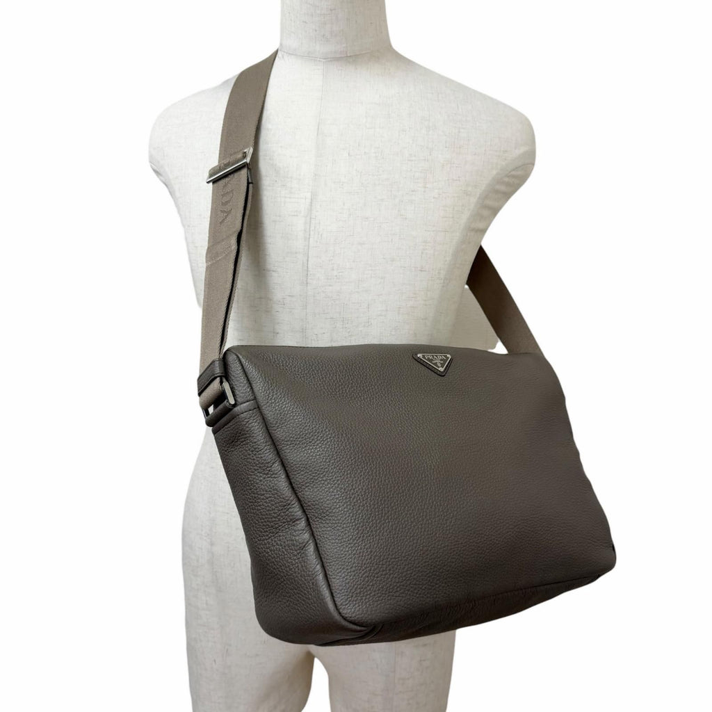Prada Vitello Daino Leather Triangle Logo Crossbody Shoulder Bag Gray — view 2