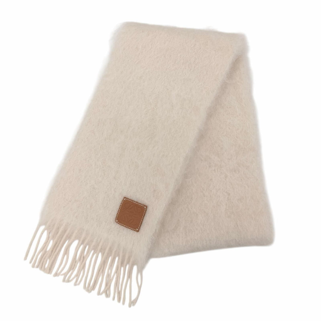 Loewe Mohair Wool Anag Lambskin Patch with Fringe Scarf Ivory