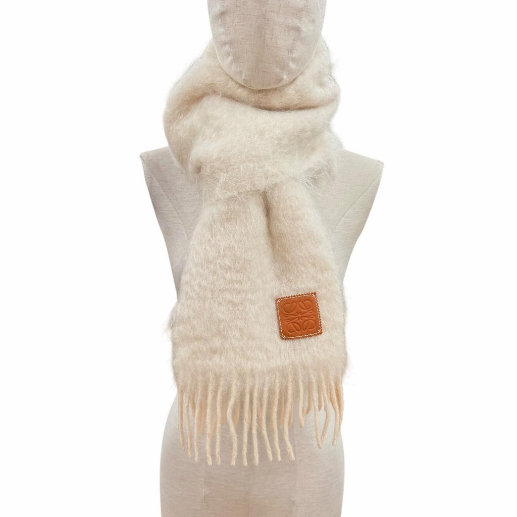 Loewe Mohair Wool Anag Lambskin Patch with Fringe Scarf Ivory — view 3