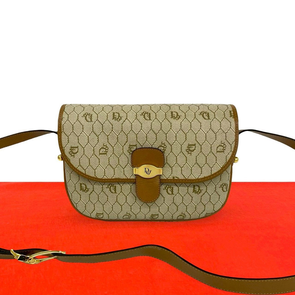 Dior Vintage Honeycomb Pattern Logo Leather Mini Shoulder Bag Pochette Brown