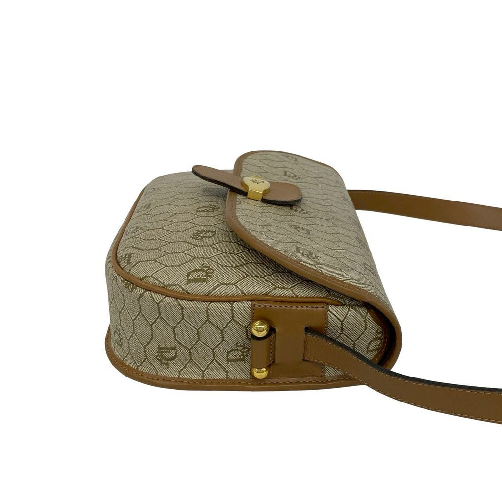 Dior Vintage Honeycomb Pattern Logo Leather Mini Shoulder Bag Pochette Brown — view 6