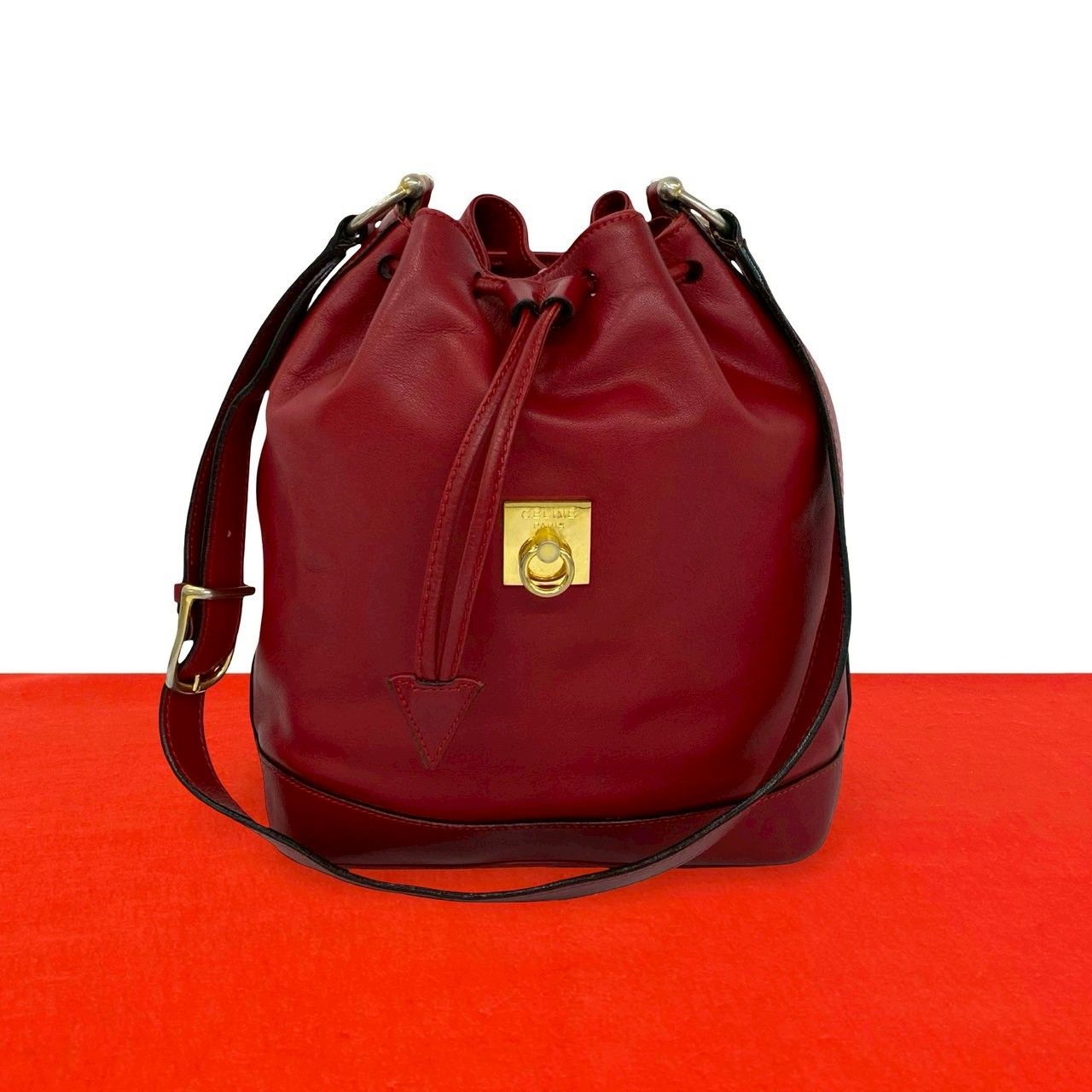 Celine Vintage Ring Logo Leather Shoulder Bag Tote Drawstring