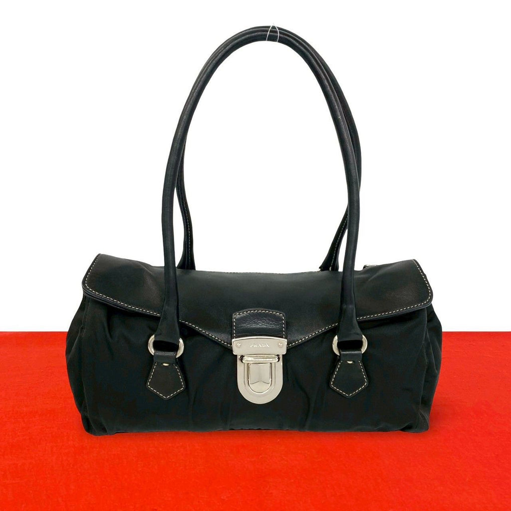 Prada Triangle Logo Leather Tessuto Shoulder Bag Black