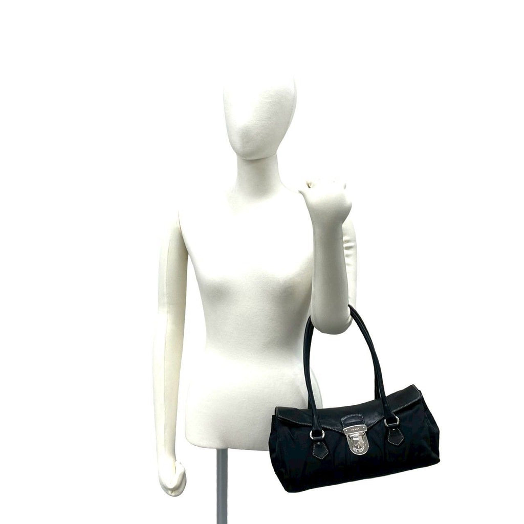 Prada Triangle Logo Leather Tessuto Shoulder Bag Black — view 2