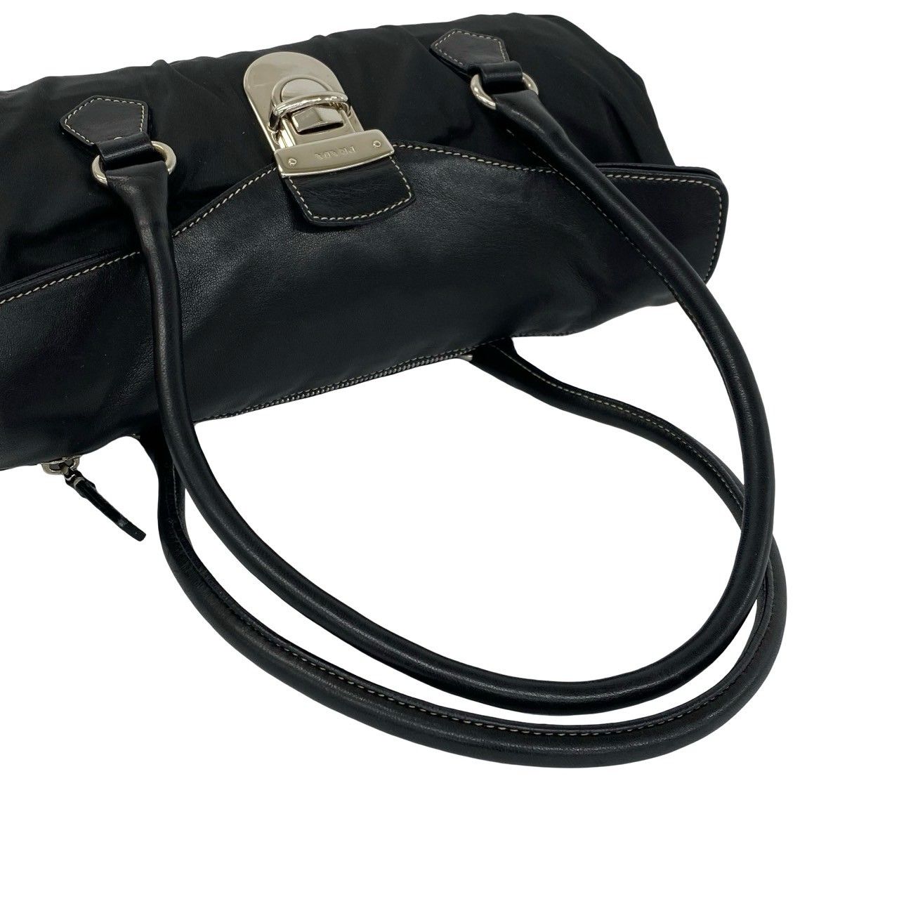 Prada Triangle Logo Leather Tessuto Shoulder Bag Black — view 4