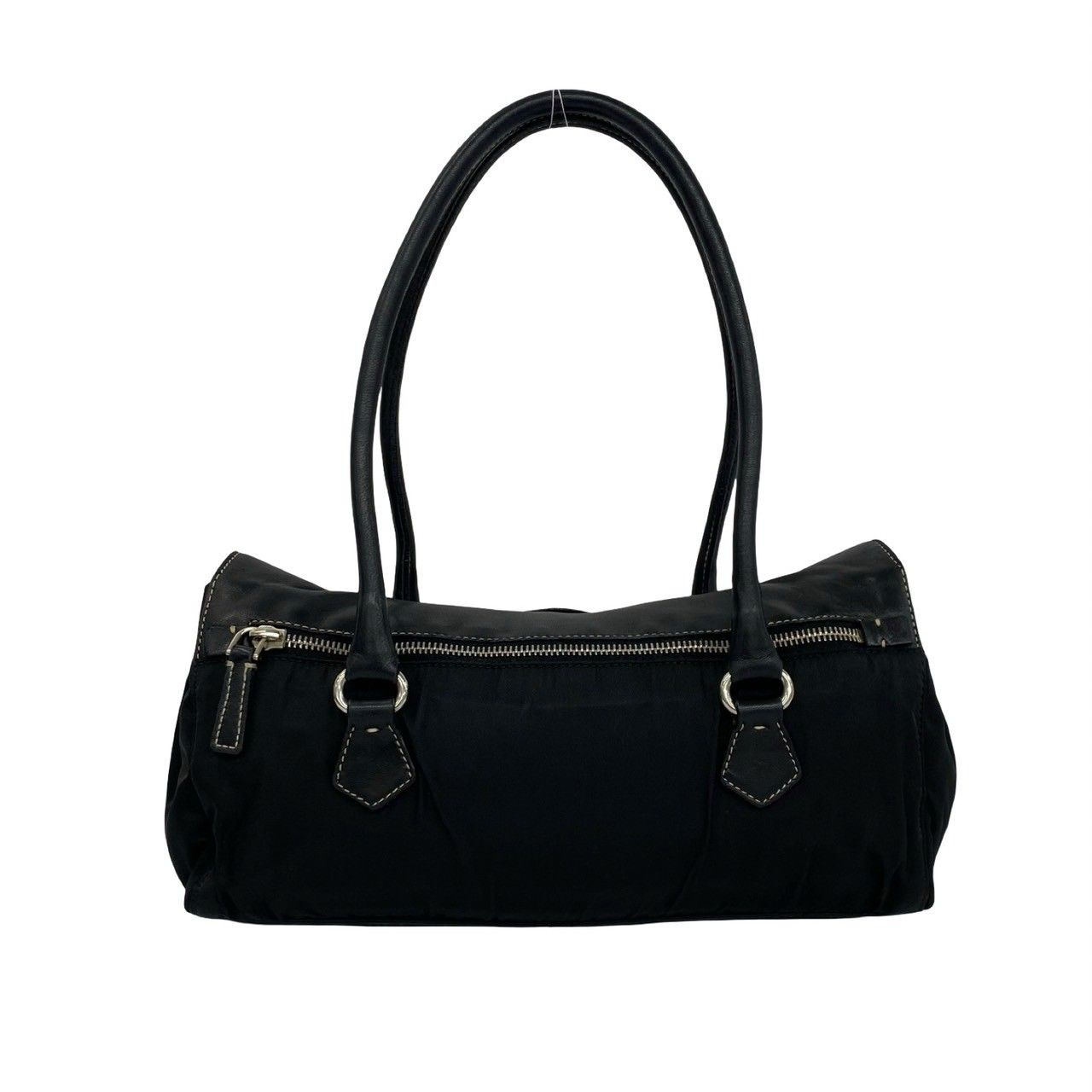 Prada Triangle Logo Leather Tessuto Shoulder Bag Black — view 3