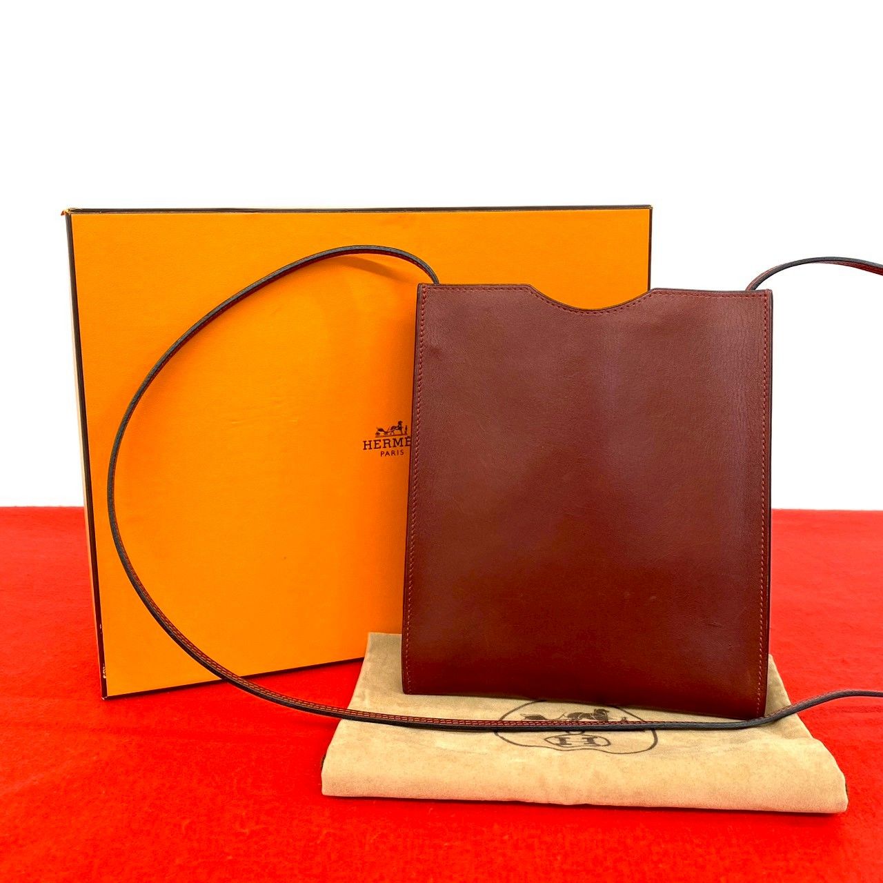 Hermes Box Omenito Leather Mini Shoulder Bag Pochette Crossbody Rouge