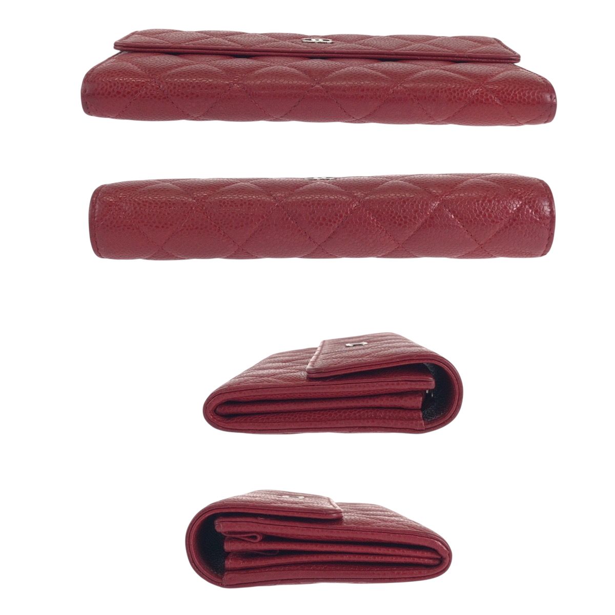 Chanel Quilted CC Logo Red Silver Caviar Leather Wallet — view 8