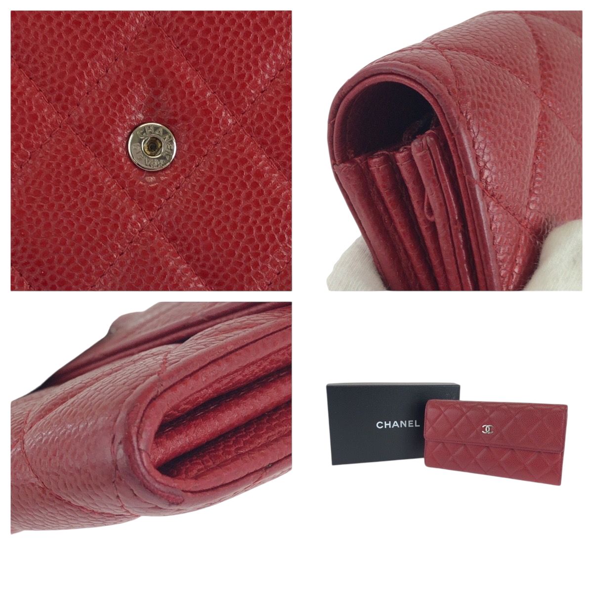 Chanel Quilted CC Logo Red Silver Caviar Leather Wallet — view 7