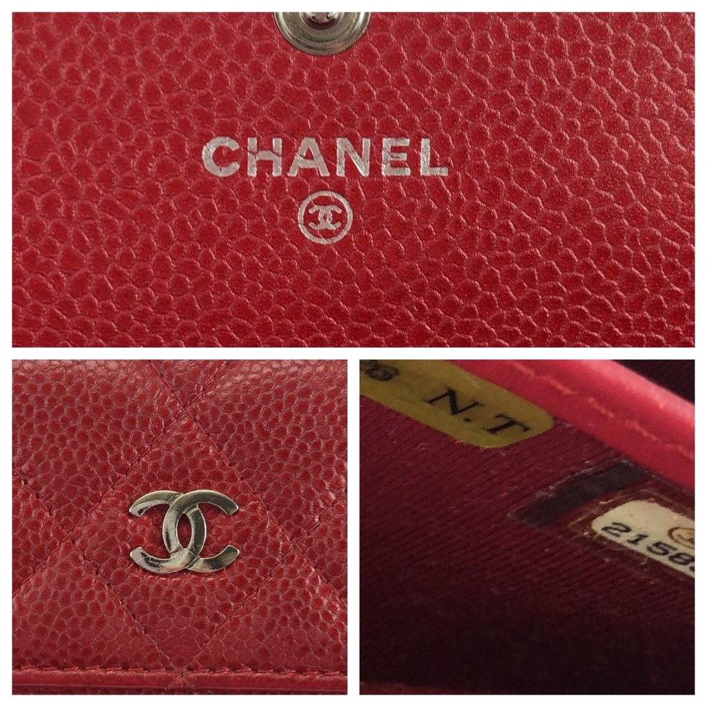 Chanel Quilted CC Logo Red Silver Caviar Leather Wallet — view 5