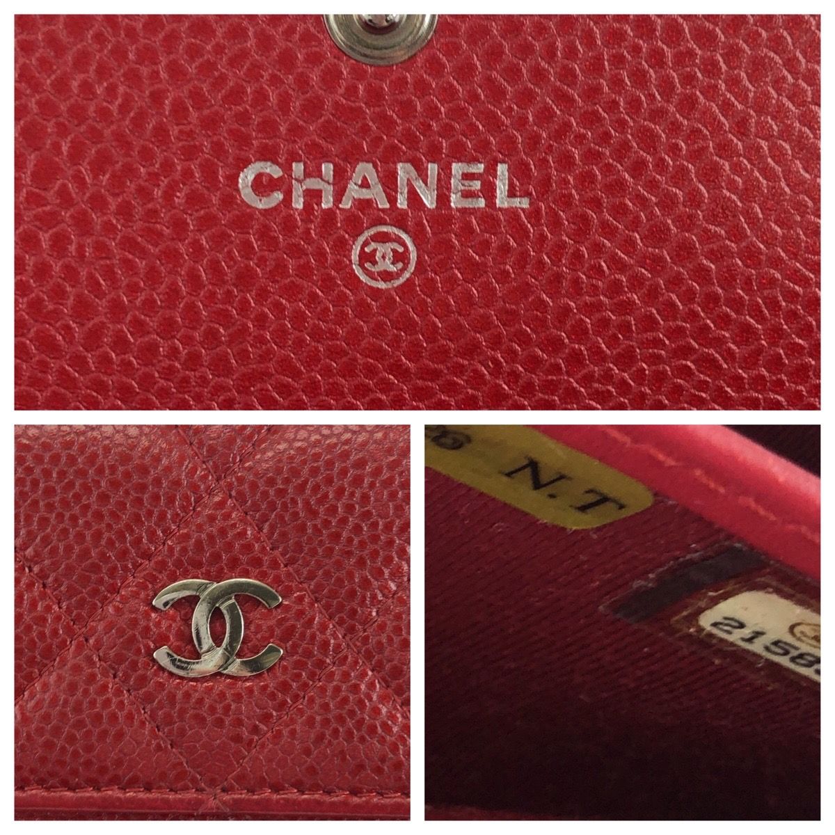 Chanel Quilted CC Logo Red Silver Caviar Leather Wallet — view 5